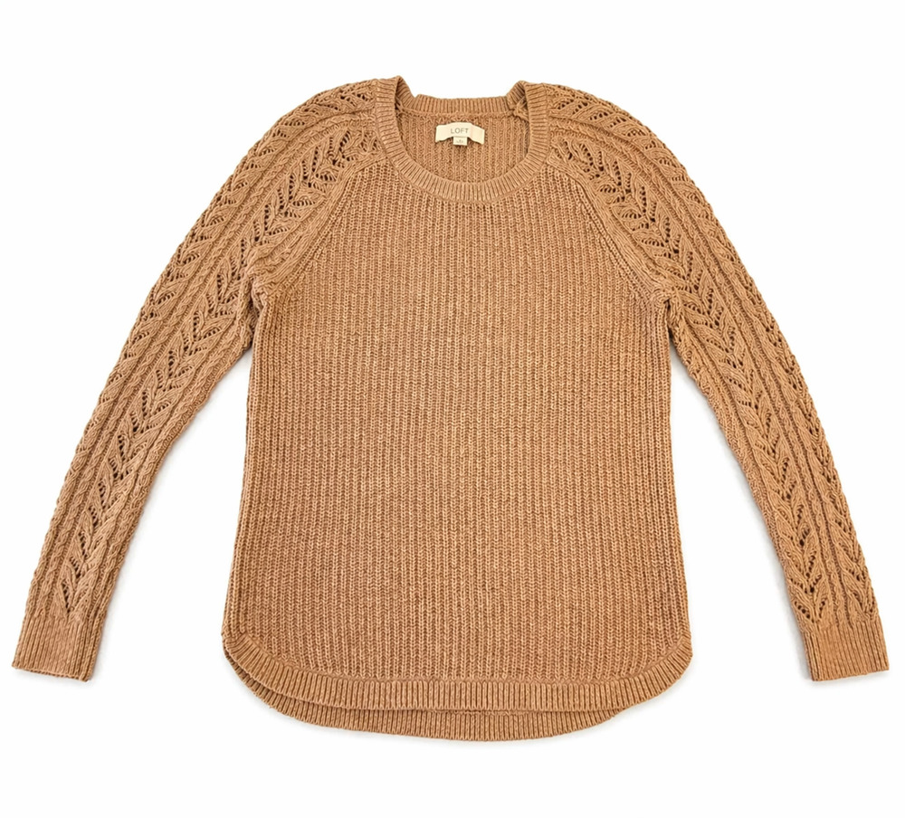 LOFT Womens Sweater M Tan Camel Hair Blend Open Knit Sleeve Boho Cozy Minimalist